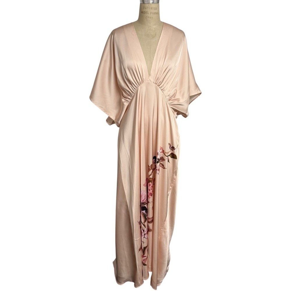BHLDN Dress Leila Deep V Satin Flutter Sleeve Plus Size 24W Blush Floral Print